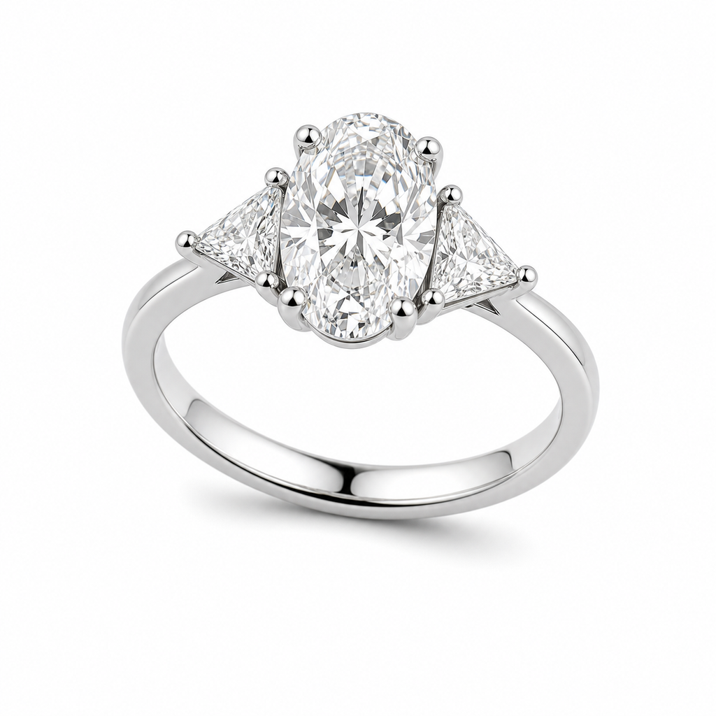 Oval & Triangle Trilogy Engagement Ring – 1.5 ct, 18K Gold