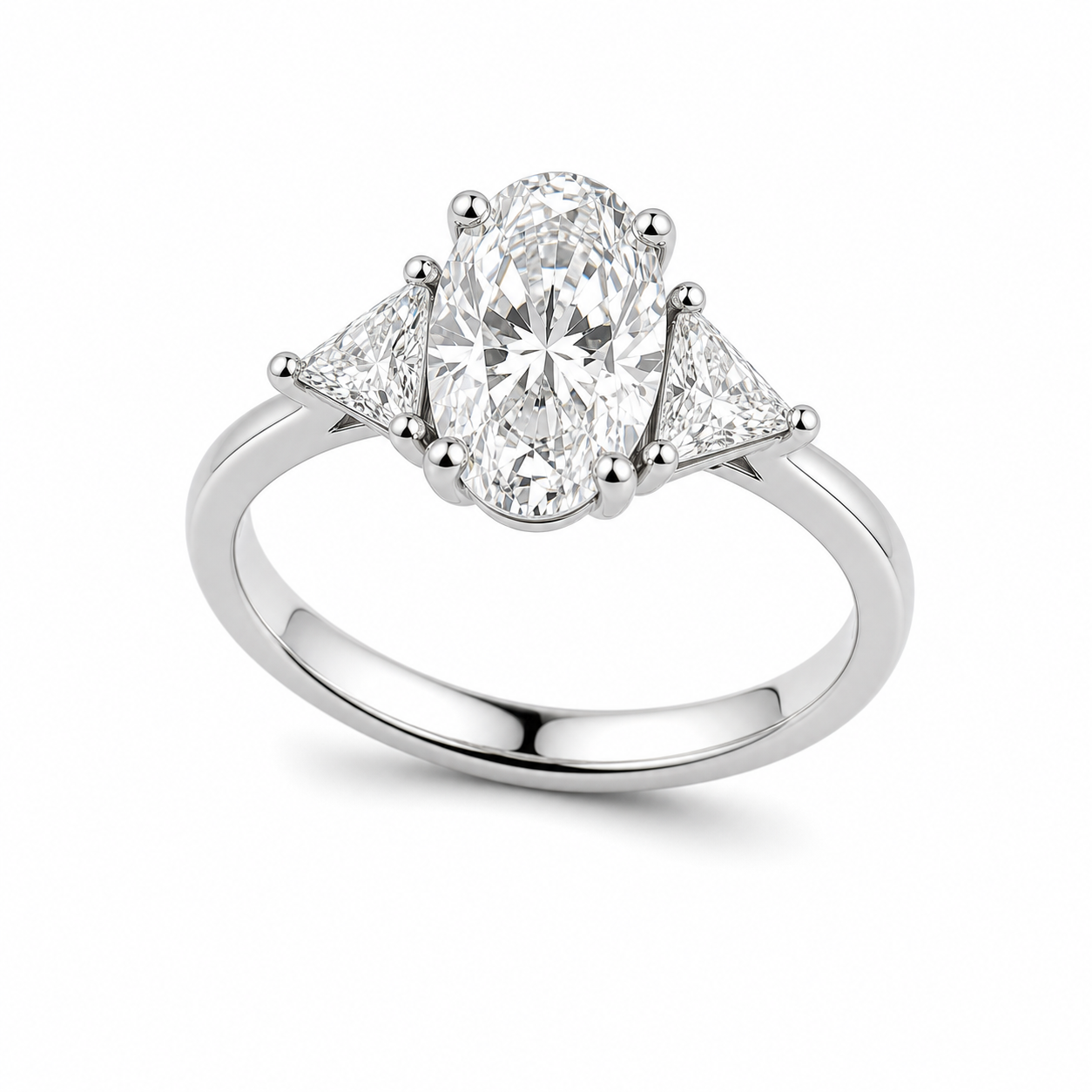 Oval & Triangle Trilogy Engagement Ring – 1.5 ct, 18K Gold
