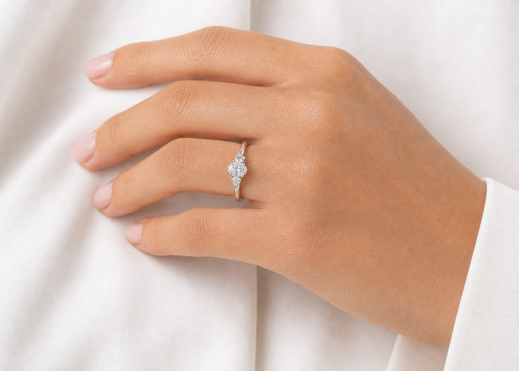 Oval & Triangle Trilogy Engagement Ring – 1.5 ct, 18K Gold
