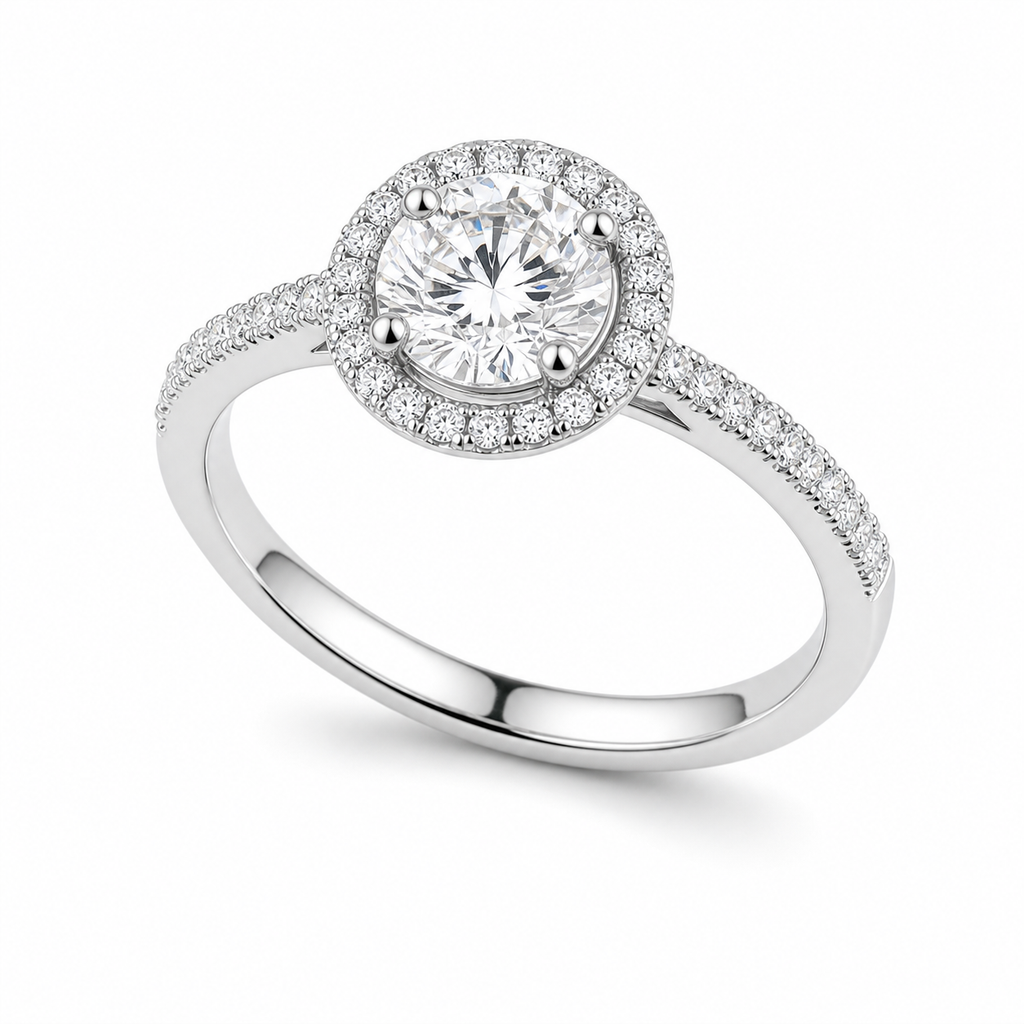 Round Halo Engagement Ring – 1.0 ct, 18K Gold